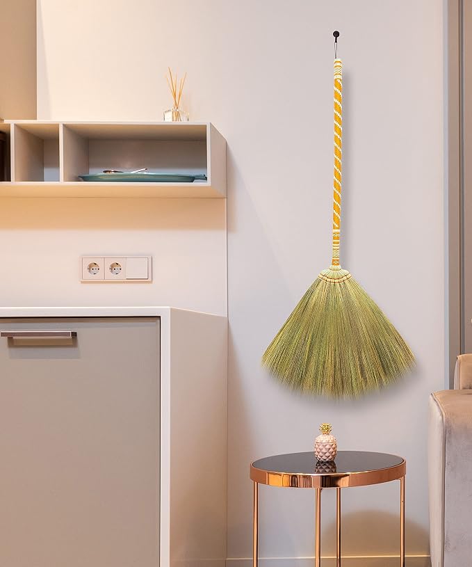 Asian Straw Broom Thai for Cleaning Floor,Housewarming Gift,Thai Vintage Retro Grass Broom Stick, Hardwood Sweeper with Brush Power and Circle Cleaning (Length 40 inch)