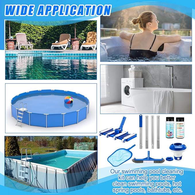 Potchen 6 Pcs Pool Cleaning Kit Include Vacuum Head, Skimmer Net, Brush Head, Telescoping Pole, Pool Chlorine Floater, and Test Strips for Above Ground Pools Hot Tubs Maintenance Tools(Classic Vac)