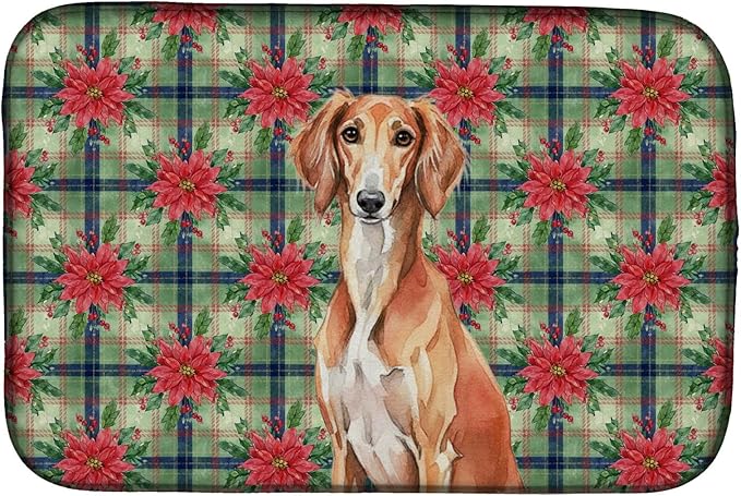 Caroline's Treasures Red Saluki Christmas PoinsettIas Dish Drying Mat Absorbent Dish Drying Mat Pad for Kitchen Counter Dish Drainer Mat for Countertop, 14 x 21", Multicolor