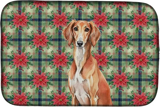 Caroline's Treasures Red Saluki Christmas PoinsettIas Dish Drying Mat Absorbent Dish Drying Mat Pad for Kitchen Counter Dish Drainer Mat for Countertop, 14 x 21", Multicolor