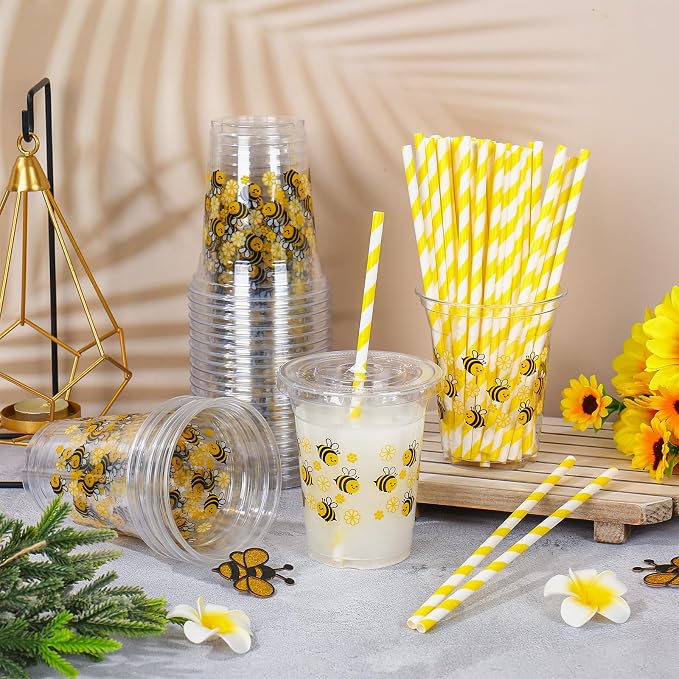 FYSUIMU 50Pcs 12Oz Floral Bee Plastic Cups with Lids & Straws Disposable Clear Drinking Cups for Summer Birthday Baby Shower Party Supplies