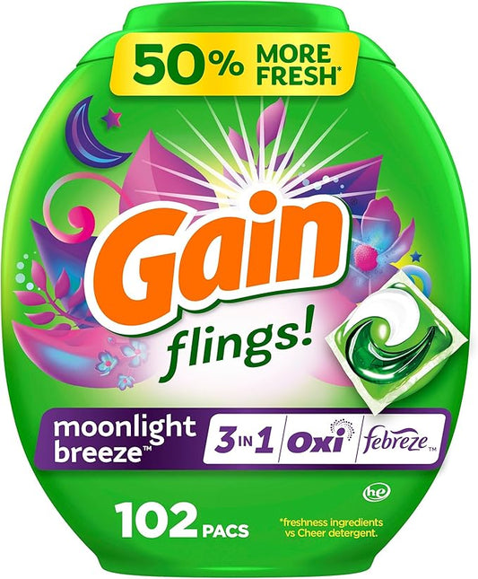 Gain Flings Laundry Detergent Pacs, 102 Count, Moonlight Breeze Scent, with Odor Defense, concentrated laundry soap pacs