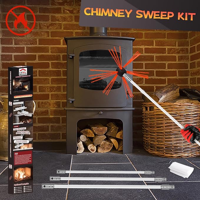 Chimney Sweep Kit - 33 Feet, Chimney Cleaning Tool with 10 Nylon Flexible Rods, Brush & Drill-Driven Rotary System