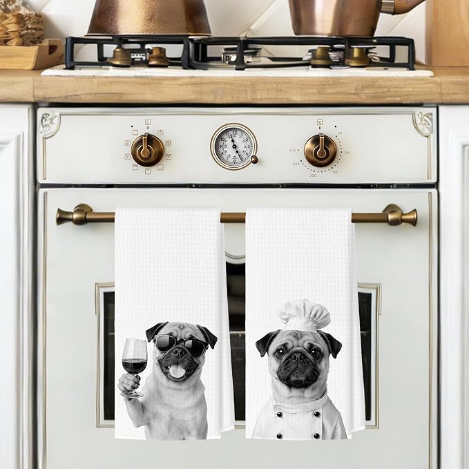 Funny Pug Kitchen Towels Set of 2, Dog Kitchen Bar Accessories, Dog Chef Gifts for Women Decorative Hand Towels for Kitchen Decor, Pug Lovers Dish Tea Towel, 16x24 Inch