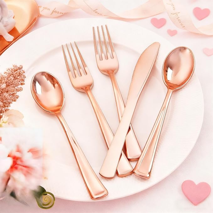 Liacere 100Pack Rose Gold Plastic Silverware - Pre Rolled Napkins with Rose Gold Cutlery - Wrapped Silverware Set Disposable100 Forks Knives Spoons Wrapped Utensils for Wedding ＆ Party