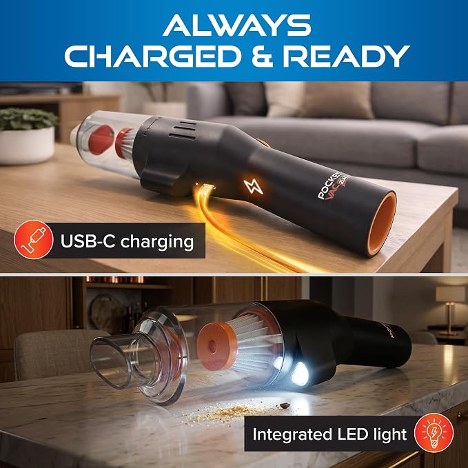 Pocket Vac Reach Handheld Vacuum w/ 3ft Extension Wand – Cordless 2-in-1 Blower & Portable Car Vacuum Cleaner, Mini Hand Vacuum for Furniture, Keyboard & Tight Spaces - w/ 8-Piece Attachment Kit