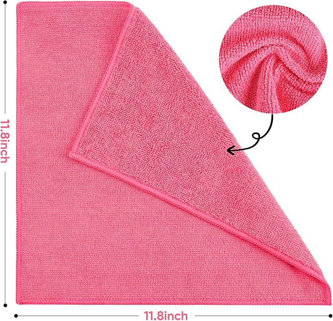 TEAWOO 10 PCS Pink Microfiber Cleaning Cloths, Highly Absorbent Microfiber Towels for Car, Kitchen, Bathroom and Household Cleaning, 11.8" X11.8