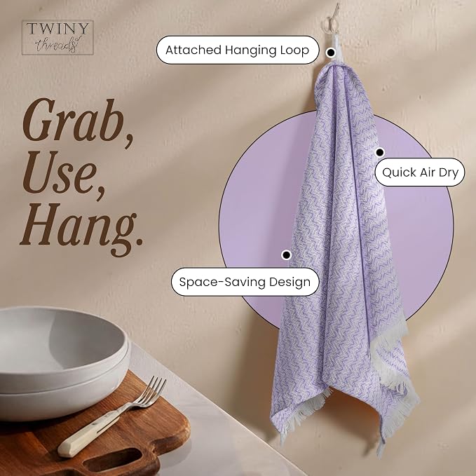 TWINY threads Kitchen Towel Chevron Pattern, Premium Large Kitchen Linen Set, 100% Cotton Wash Rags, Absorbent Quick Drying Cloths, Washable Reusable Multi Purpose, Set of 12, 16x26 Inches, Lavender