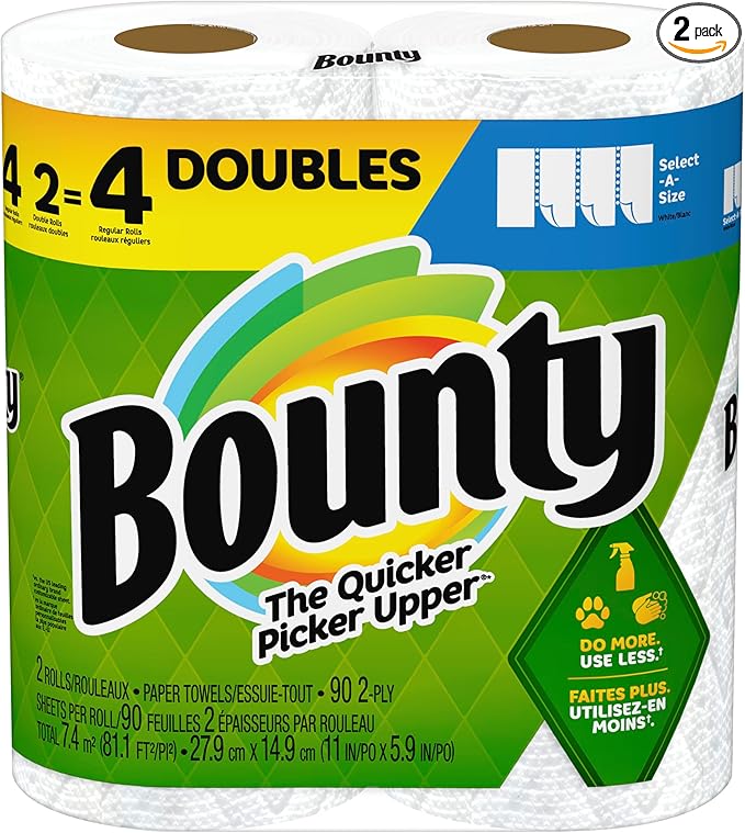 Bounty Select-A-Size Paper Towels, 2 Double Plus Rolls, White, 113 Sheets Per Roll
