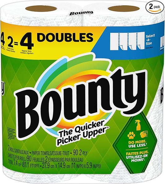 Bounty Select-A-Size Paper Towels, 2 Double Plus Rolls, White, 113 Sheets Per Roll