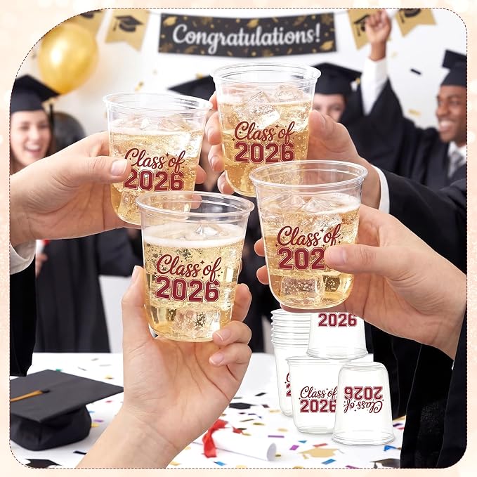 Potchen 50pcs Graduation Cups Class of 2026 12oz Clear Plastic Graduation Party Cups for 2026 Celebration Party Supplies Congrats Grad Tableware Decoration(Maroon)