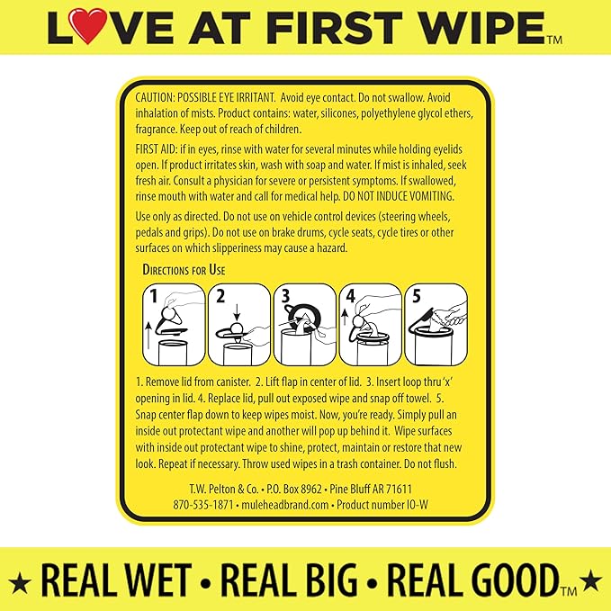 Mule Head Inside Out Protectant Wipes – Automotive Interior & Exterior Cleaner for Vinyl, Leather, Rubber & Trim, UV Protection, Non-Greasy, 72 Count, 10" x 12"