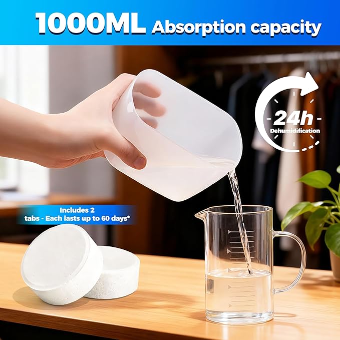 CleanShark Moisture Absorber with Drop-In Tablets - Reusable Moisture Absorbers for Closet & Damp Areas - Includes 2 Long-Lasting Dehumidifier Tablets (17.6 oz), Fragrance Free