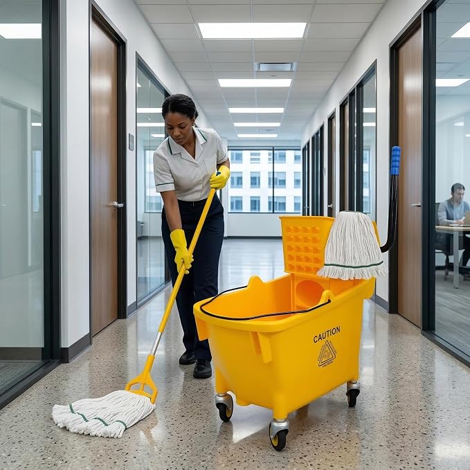 35 Quart Commercial Mop Bucket with Side Press Wringer on Wheels, Industrial Mop and Bucket Set with Loop-End Mop Head, Gloves and Microfiber Cloth, Heavy Duty Yellow Janitorial Cleaning Cart