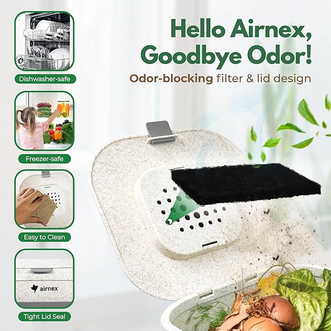 AIRNEX Collapsible Food Waste Bin with Lid - 1 Gallon Food Waste Caddy for Kitchen Made of Wheat Straw - Odor Free Compost Bin with 20 Pcs Compostable Trash Bags and 14 Pcs Carbon Filters