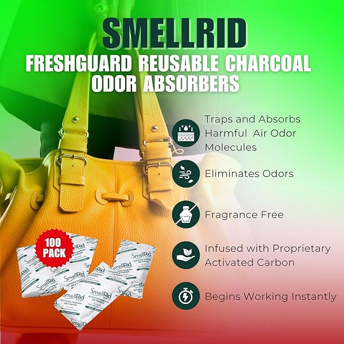 SMELLRID Activated Charcoal Odor Remover That Works [100 Pack] - Mini 5g (2” x 2”) Pack Treats 2 Sq. Ft.- Premium Natural Odor & Dampness Absorber Safeguard Stored/Shipped Items