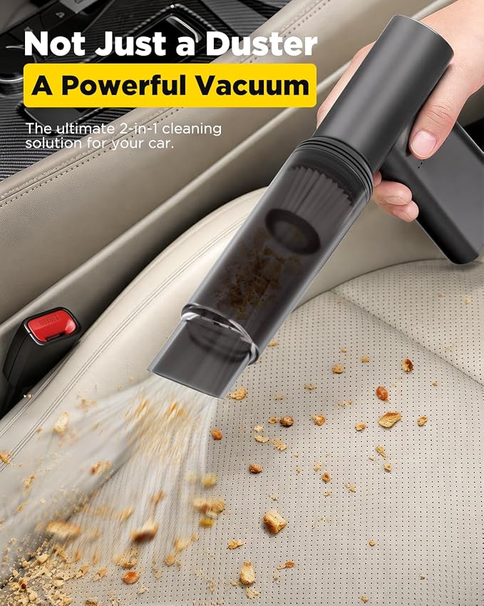 2-in-1 Compressed Air Duster & Car Vacuum Cordless Rechargeable, 160000RPM Electric Air Duster, Aluminum Mini Vacuum Keyboard Cleaner for PC, Computer, Home, Outdoor & Car Detailing (Jet Black)