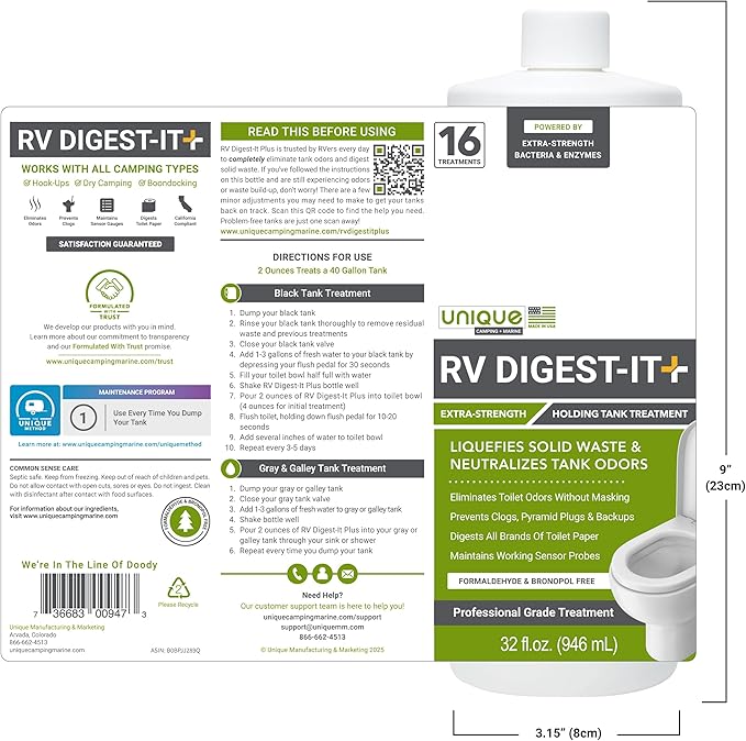 Unique RV Digest-It Plus - RV Holding Tank Treatment Eliminates Odor, Liquifies Waste and Toilet Paper, RV Waste Digester (32 oz)