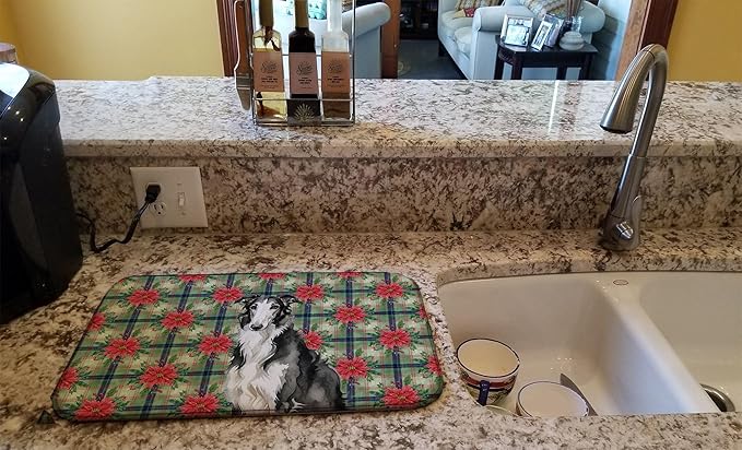Caroline's Treasures Black and White Borzoi Christmas PoinsettIas Dish Drying Mat Absorbent Dish Drying Mat Pad for Kitchen Counter Dish Drainer Mat for Countertop, 14 x 21", Multicolor