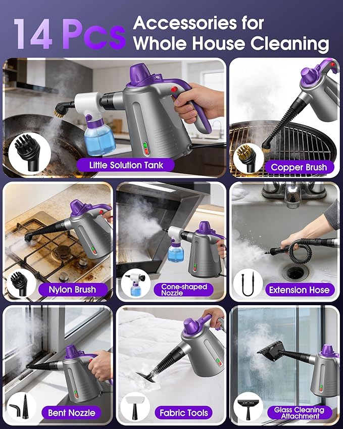 Handheld Steam Cleaner for Home, Pressurized Multi Purpose Steamer for Cleaning Upholstery Bed Furniture Couch Carpet Car with 14 Accessories & Safety Lock, Small Solution Tank for Grease