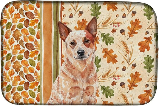 Caroline's Treasures Red Heeler Australian Cattle Dog Heirloom Fall Dish Drying Mat Absorbent Dish Drying Mat Pad for Kitchen Counter Dish Drainer Mat for Countertop, 14 x 21", Multicolor