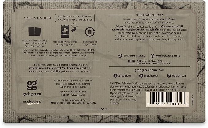 Grab Green Stoneworks Laundry Bundle, 50 Detergent Pods and 80 Dryer Sheets | Birch Branch Scent; Plant & Mineral-Based; Compostable Dryer Sheets; No Harsh Chemicals; Fights Stains; Eliminates Odors