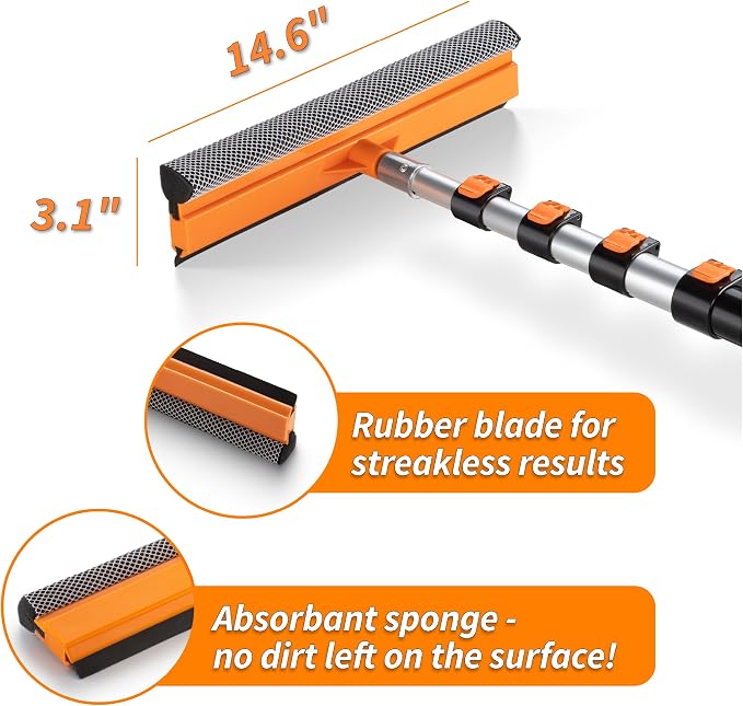 4-12 ft Window Washer Squeegee Kit with Extension Pole (20+ Reach) and Medium Bristle Deck Scrub Brush Head // Window, Car, Roof, Patio & Deck Cleaning Set // Telescopic Multi-Use Cleaning Tools