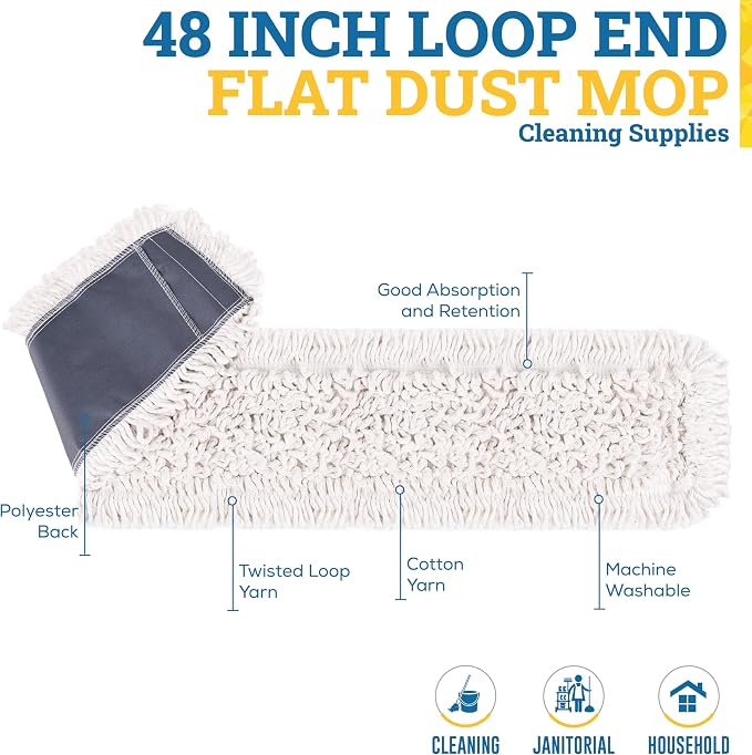 Kleen Handler 48" Commercial Dust Mop Replacement Heads, 3 Pack Industrial Loop End Flat Dust Mop Pads, Washable Cotton Mop Refill for Floor Cleaning, Natural