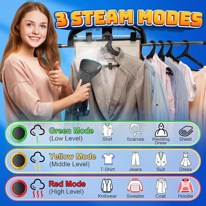Steamer for Clothes, 1800W Clothes Steamer Handheld with 15s Fast Heat-Up, 3 Steam Modes, 300ml Tank, Portable Garment Steamer Wrinkle Remover with Fabric Brush & Glove for Home, Travel, Dorm, Office