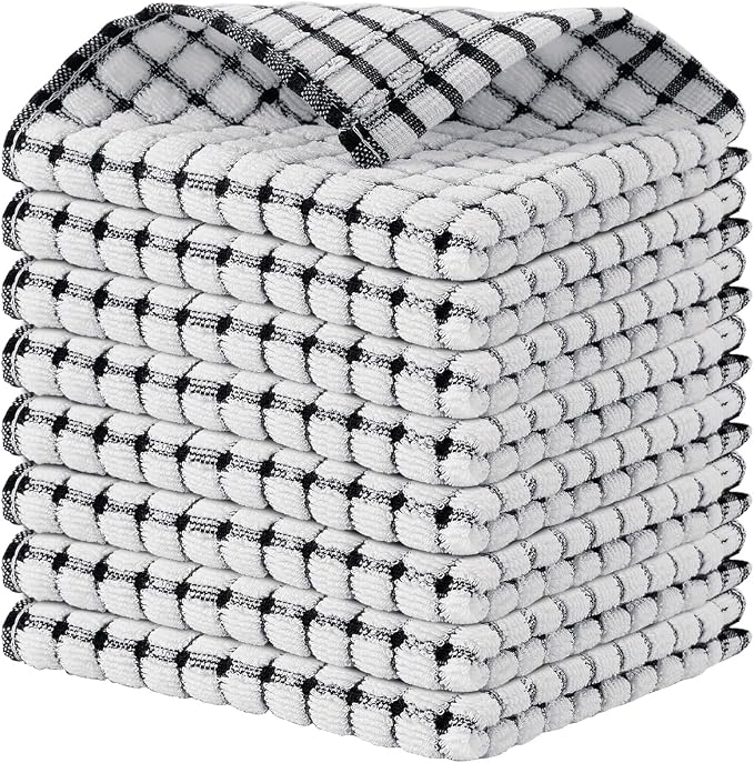 Kitinjoy Cotton 8 Pack Terry Kitchen Dish Cloths, 12 x 12 Inches Super Soft and Absorbent Dish Rags, Quick Drying Dish Towels for Washing Dishes, Black