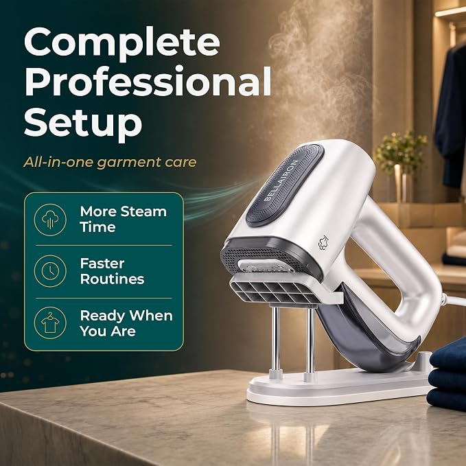 Bellairon Veloce Complete Professional Setup – Vacuum Garment Steamer + XL Water Tank + Upright Base