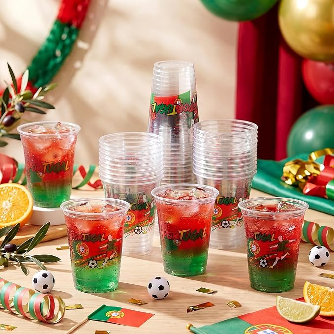 Jingmore 50 Pcs Soccer Plastic Cups 12 oz International Countries Soccer Disposable Plastic Cups Thick Clear Drinkware for Sports Games Party Supplies (Portugal)