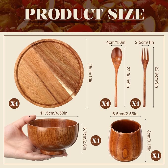 20 Pcs Acacia Wood Dinnerware Set 10 Inch Round Wooden Plates Bowls Tea Cups Fork Spoons Acacia Wood Tableware Supplies Easy Cleaning Lightweight for Dishes Snack Dessert, 4 Set