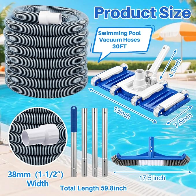 4 Pcs Swimming Pool Cleaning Kit Including Pool Vacuum Head with 1-1/2" x 30 ft Hoses Flexible Head with Bristles Wheel and Pole 14 '' Cleaning Brush for Inground Above Ground Cleaner