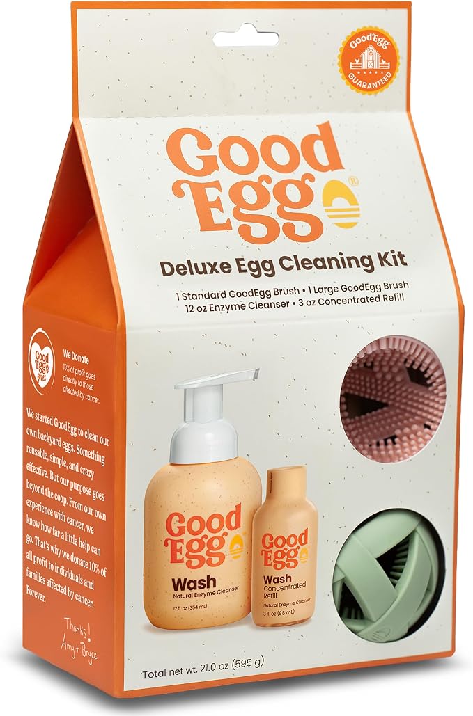 GoodEgg Deluxe Egg Cleaning Kit, 2 Silicone Brushes (Standard & XL) with 12 oz Enzyme Wash & Refill, Egg Washer Scrubber Cleaner for Fresh Eggs, Chicken Coop Accessories, Made in USA
