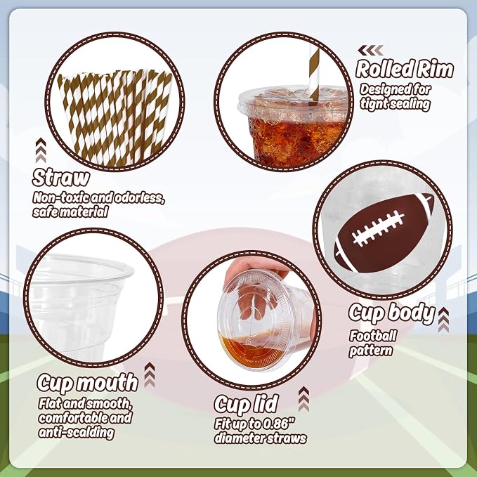Whaline 50Pcs Football Disposable Plastic Cups with Lids and Straws 12oz Sports Themed Party Cups Cold Beverage Drinking Cups for Sports Team Player Game Day Birthday Party Supplies