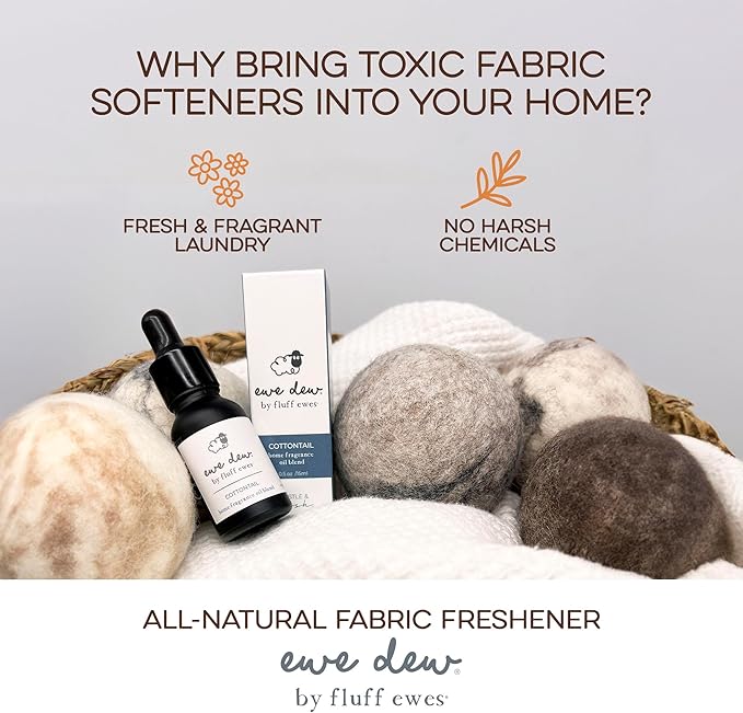Fluff Ewes Premium Handmade New Zealand Reusable Wool Dryer Balls for Laundry & Baby + Ewe Dew Home Fragrance Aromatherapy Dryer Ball Essential Oil Blend, 2 Pack, Hedgehog & Homies 3 Pack + Cottontail