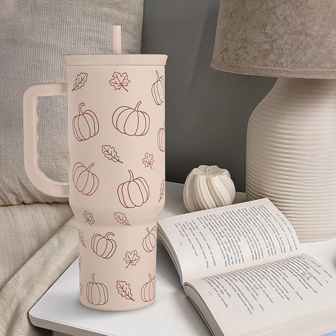 SANDJEST Pumpkin Tumbler with Handle and Straw 40oz – Stainless Sleel Slider Tumbler Travel Coffee Mug for Women - Gift Idea for Fall Autumn Halloween