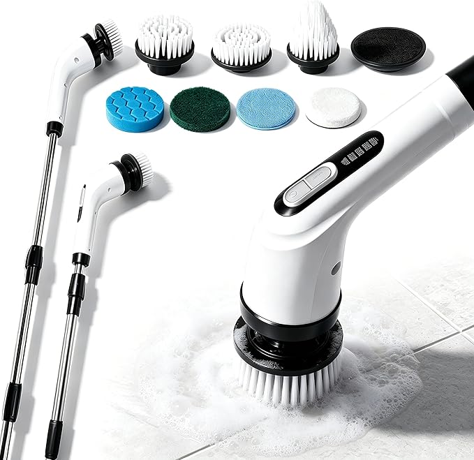 Highyes Electric Spin Scrubber for Bathroom | IPX7 Waterproof Shower Scrubber with Extendable Long Handle，Bathroom Cleaning Scrubber with 7 Reusable Brush Heads