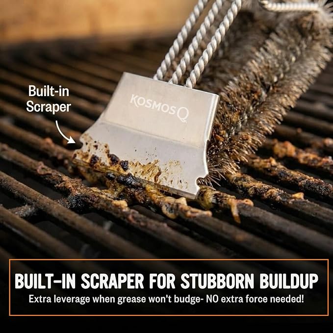 Kosmos Q Grill Brush with Scraper, for Him, Heavy Duty BBQ Grill Cleaning Brush for Gas, Charcoal, Pellet & Smoker Grills, Grill Grate Cleaner Tool for Cooking & Barbecue Accessories