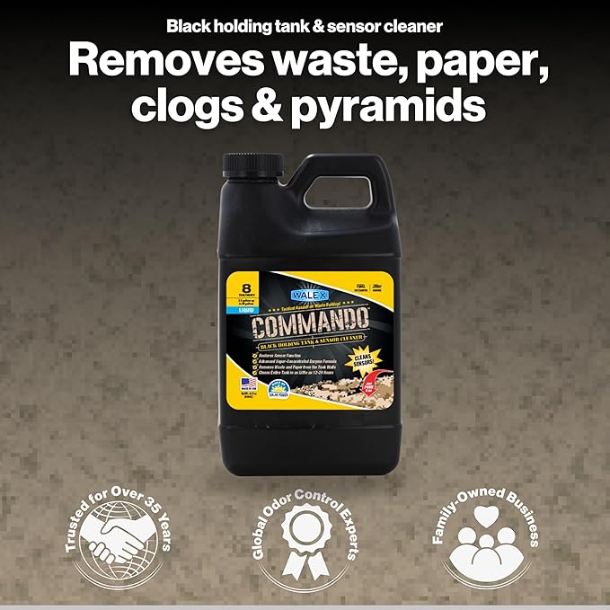 Walex Commando Liquid Black Holding Tank and Sensor Cleaner for RV, Camper & Marine - Rapid Breakdown of Waste & Toilet Paper, Cleans Entire Tank within 12-24 Hours, Restores Sensor Function, 32oz