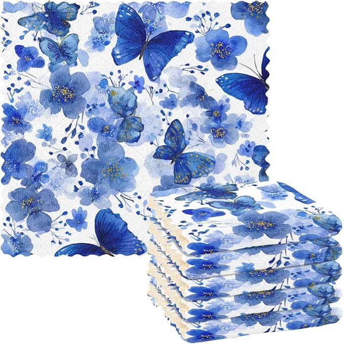 Watercolor Blue Butterfly Kitchen Towels Dish Cloths Set of 6 Microfiber Cleaning Cloths for Cars Super Absorbent Machine