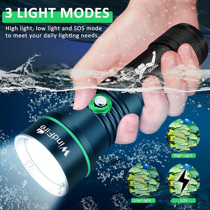 WINDFIRE Rechargeable Scuba Diving Flashlight, Super Bright LED Dive Light, IPX8 Waterproof 60M Underwater Flashlight with 3 Modes for Snorkeling & Cave Diving