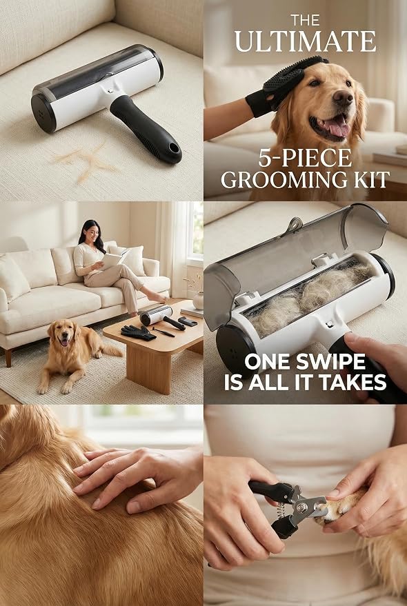 Pet Hair Remover Roller 5-Piece Grooming Kit for Dogs & Cats, Reusable Fur Remover for Couch, Carpet, Clothes, Grooming Glove, Lint Roller, Nail Clipper & Cleaning Brush | 5-PIECE PET CLEANING KIT: Reusable hair roller, grooming glove, lint roller, nai...