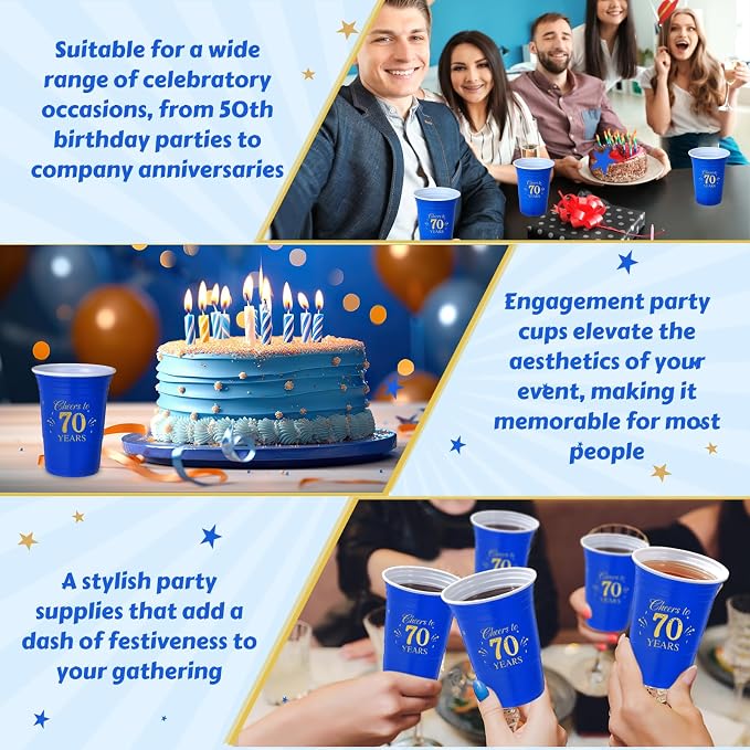 Ziliny 50 Pack 70th Birthday Cups 16 oz Cheers to 70 Years Disposable Plastic Cups Gold and Blue Birthday Party Hot Cold Drinks Tool for Party Wedding Anniversary Supplies Decorations