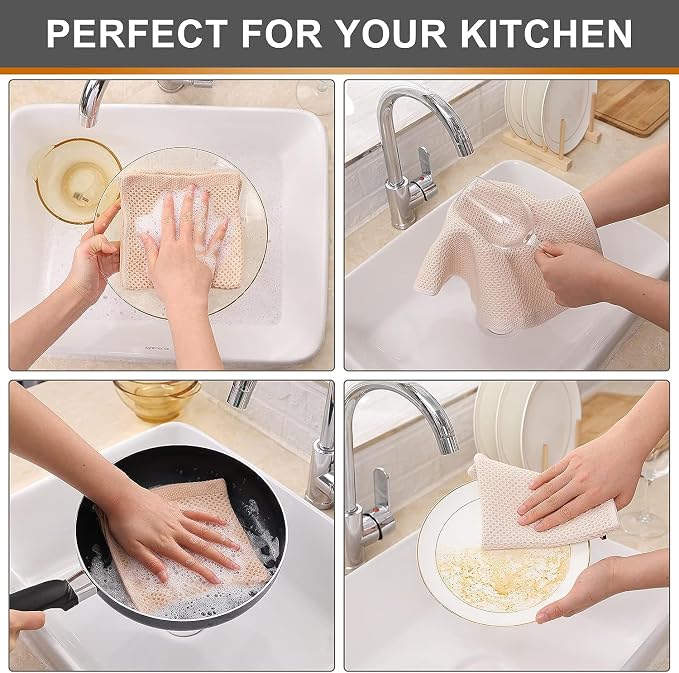 Kitinjoy 100% Cotton Kitchen Dish Cloths (12 X 12 Inches, Beige), 8 Pack Waffle Weave Ultra Soft Absorbent Dish Towels for Drying Dishes Quick Drying Kitchen Towels Dish Rags