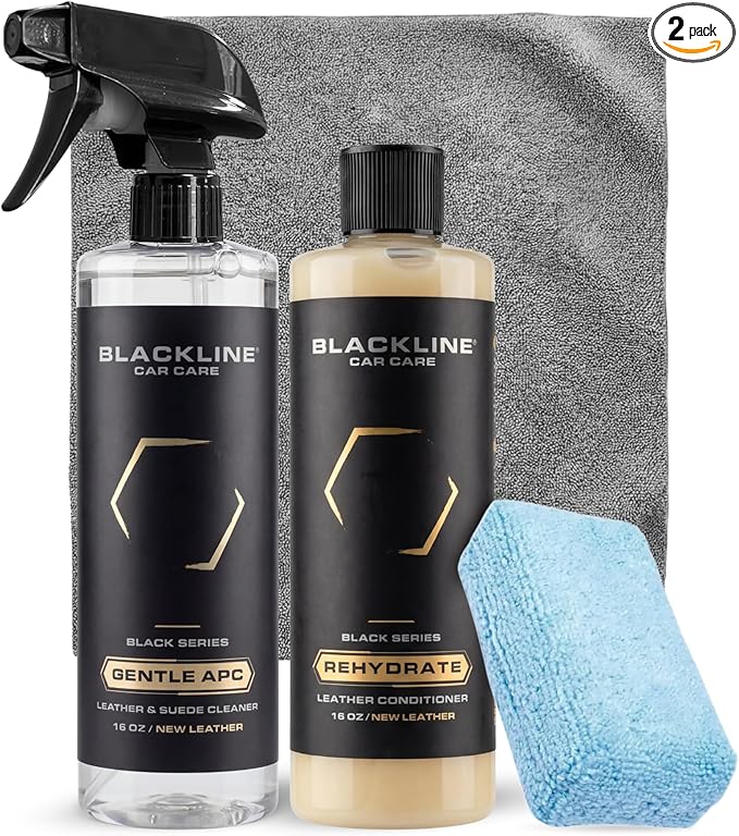 Blackline Leather Cleaner and Conditioner Care Kit with Microfiber Towel and Applicator Pad, Gentle APC and Leather Rehydrate, 2 16 Fl Oz Bottles for Leather Car Interiors
