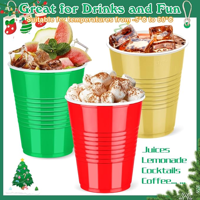 Kochorie 100 Pack Christmas Disposable Plastic Cups 12 Ounce Drinking Party Cups Bulk Party Cups for Christmas Wedding Birthday Graduation Parties, Picnics Events (Red, Green, Gold)