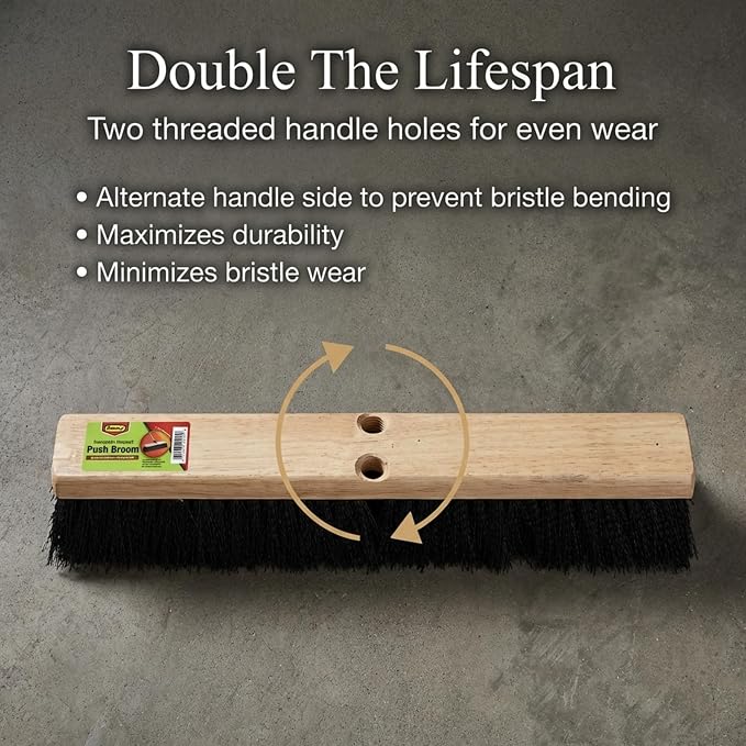 Black Indoor Push Broom Head – Heavy Duty Hardwood Block – Polypropylene Bristles – Deck Scrub Brush – Two Threaded Handle Holes for Better Assist (16")