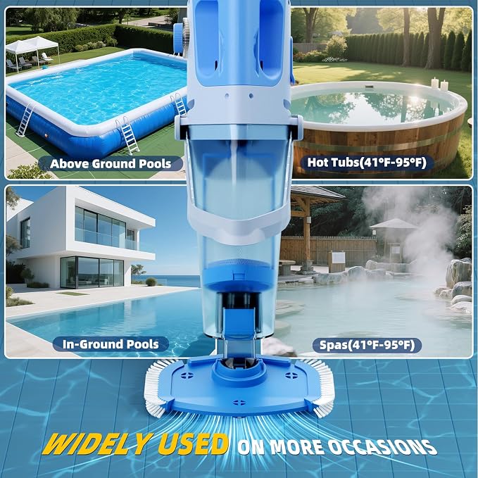 Cordless Pool Vacuum Above & Inground Pools, Powerful 1590 GPH Suction,Handheld Telescopic Pole up to 85.45", 1H Runtime, 2L Debris Bin, Rechargeable Pool Cleaner for Spas & Hot Tubs (Blue&Grey)